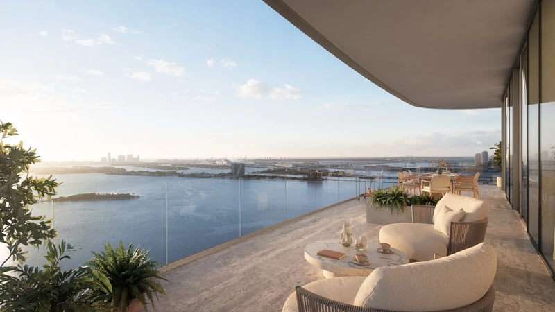 LILLI Miami Edgewater private balcony with glass handrails overlooking Biscayne Bay