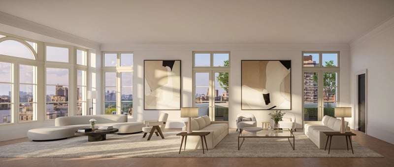 The Bellemont living room with arched windows