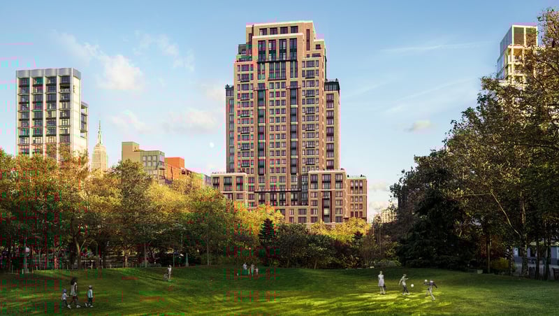 The Cortland west facade from Hudson River Park